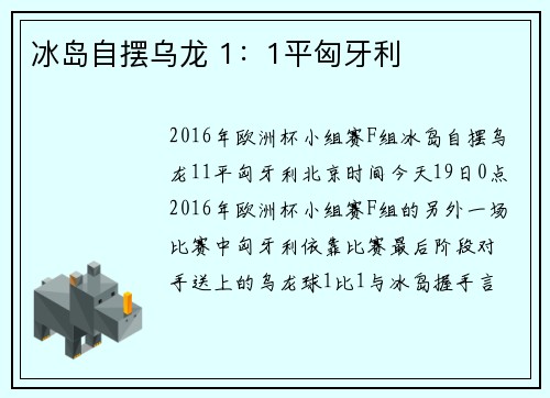 冰岛自摆乌龙 1：1平匈牙利